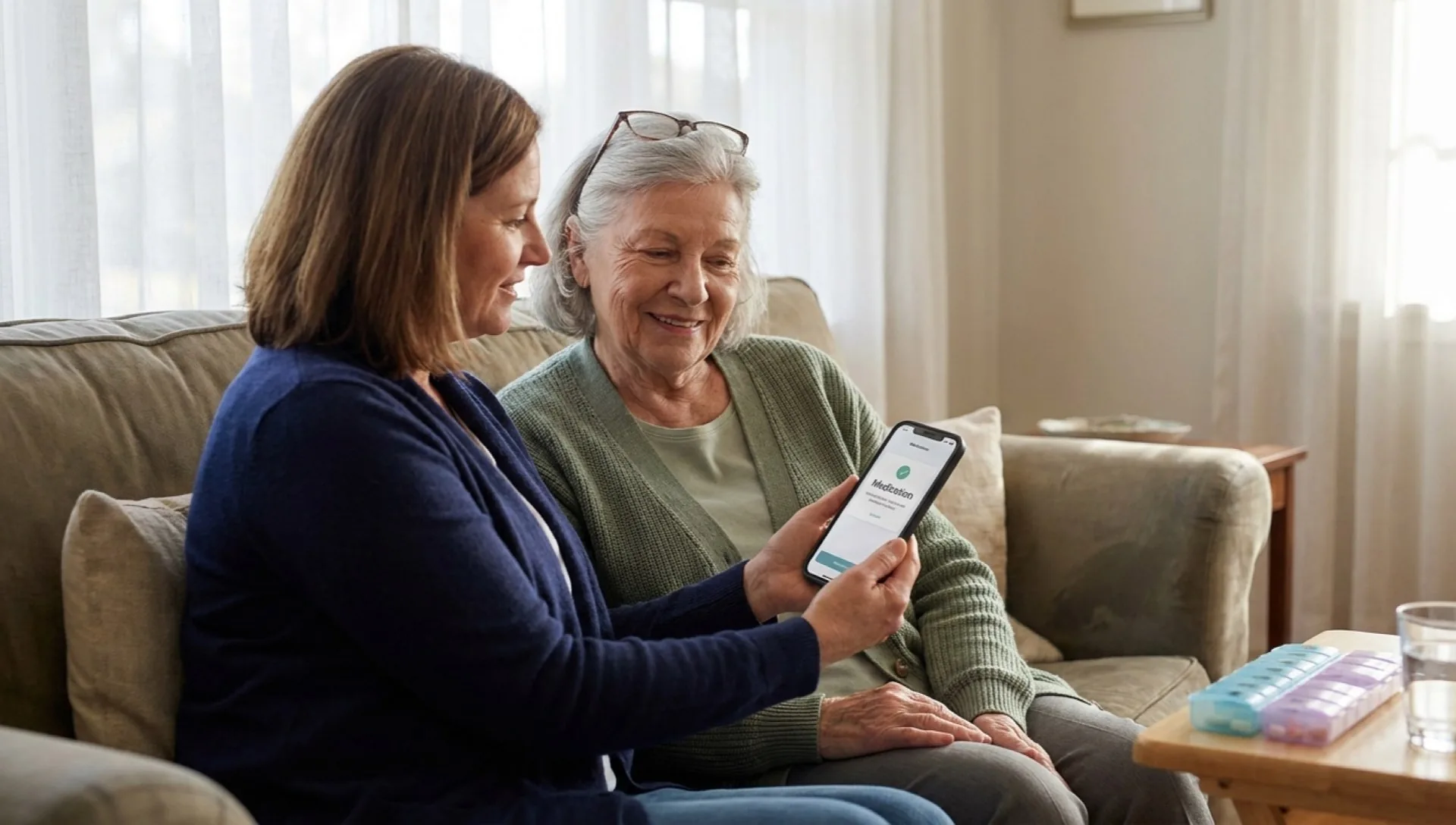 An adult daughter sitting close to her elderly mother on a sofa, showing her a medication confirmation on a phone